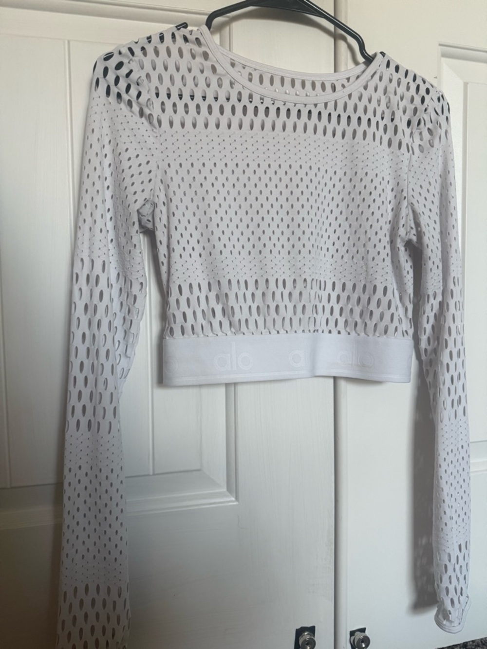 ALO Yoga White Perforated Long Sleeve Crop Top